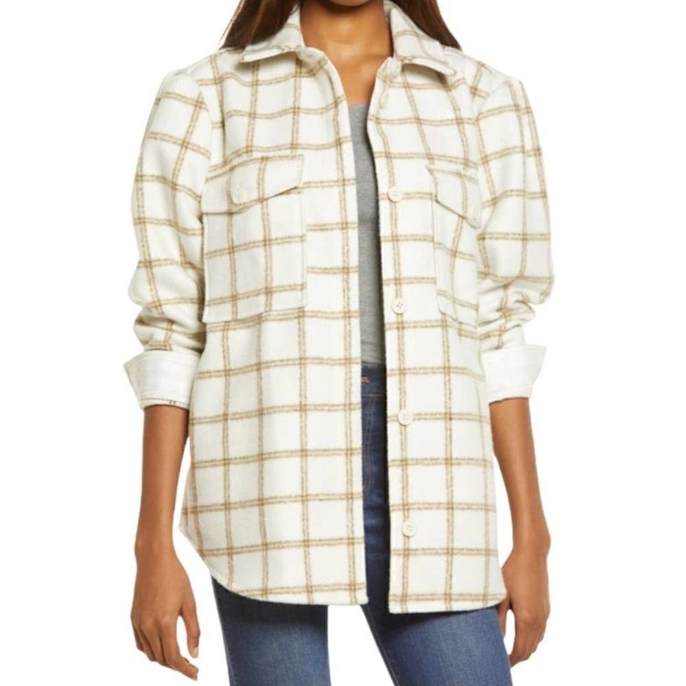 NWT Treasure & Bond Plaid Puff Sleeve Shirt Jacket In Cream Size Medium